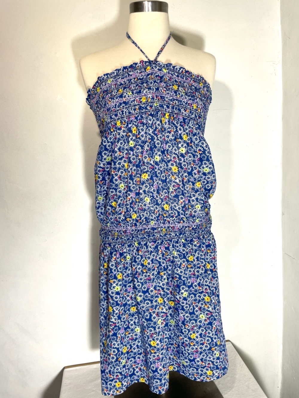 NWT Old Navy Blue Floral Smocked Halter Sundress L